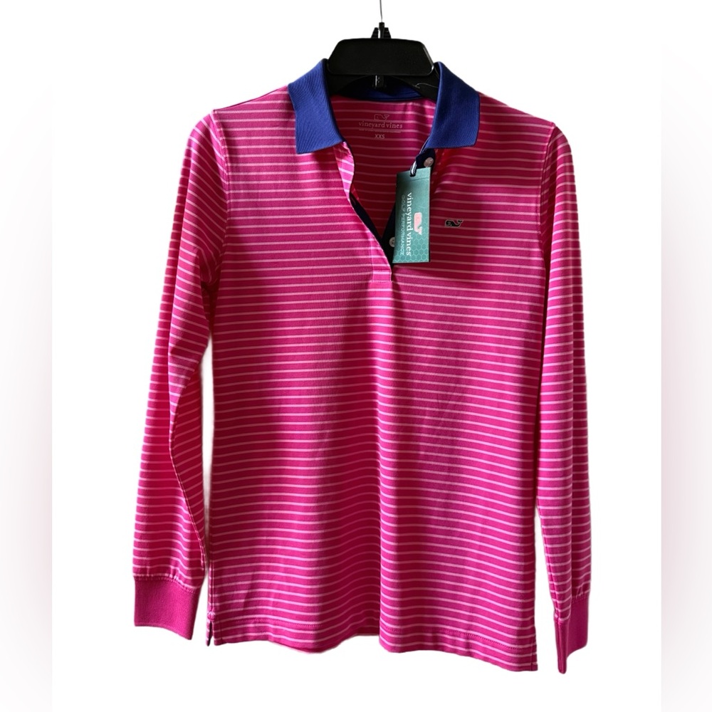 Vineyard Vines Pink and Blue Striped Long Sleeve Polo